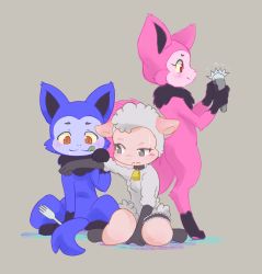 Rule 34 | 1boy, 2girls, ancesra, animal ears, animal hands, animal nose, arm up, between legs, black gloves, blue fur, blush, body fur, bridal garter, closed mouth, collar, colored sclera, cowbell, crossover, drooling, eerie (telemonster), fork, fox boy, fox ears, fox tail, frills, from side, full body, furry, gloves, green eyes, grey background, grey fur, grey hair, half-closed eye, hand between legs, hand up, hands up, happy, highres, holding, holding fork, leggy lamb, licking lips, looking at another, looking down, looking to the side, motion lines, multiple girls, neck bell, nervous, orange eyes, outstretched arm, pawpads, pink fur, profile, raised eyebrow, red eyes, saliva, shears, sheep ears, sheep girl, sheep tail, sheep wrecked, short hair, sideways mouth, simple background, sitting, sketch, smile, snout, standing, straight-on, sweat, tail, telemonster, tongue, tongue out, uneven eyes, wariza, wavy mouth, wolf ears, wolf girl, wolf tail, yellow sclera, yossi (telemonster)