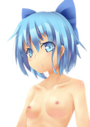 Rule 34 | 1girl, blue eyes, blue hair, bow, cirno, collarbone, flat chest, hair bow, matching hair/eyes, mikan (bananoha), nipples, short hair, solo, embodiment of scarlet devil, topless, touhou