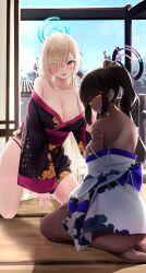 Rule 34 | 2girls, :p, absurdres, asuna (blue archive), black hair, black kimono, blonde hair, blue archive, blue eyes, blue sky, blunt bangs, blush, bra, breasts, cleavage, daran9, dark-skinned female, dark skin, day, eyes visible through hair, floral print, hair over one eye, halo, highres, indoors, japanese clothes, karin (blue archive), kimono, kneeling, large breasts, long hair, long sleeves, looking at viewer, multiple girls, off shoulder, ponytail, print kimono, seiza, sitting, sky, tongue, tongue out, underwear, very long hair, white bra, white kimono, yellow eyes