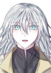 Rule 34 | 1boy, absurdres, black shirt, blue eyes, close-up, gongju s2, grey hair, highres, kingdom hearts, looking at viewer, male focus, medium hair, open mouth, portrait, riku (kingdom hearts), shirt, simple background, solo, turtleneck, white background