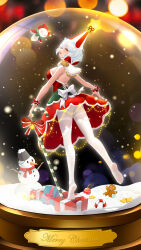 Rule 34 | 1girl, ass, bare shoulders, blue hair, breasts, cross-laced clothes, dress, from behind, full body, hat, highres, liu liaoliao, looking at viewer, looking back, no shoes, open mouth, original, pantyhose, santa dress, santa hat, smile, snow, snowman, solo, standing, standing on one leg, striped clothes, striped headwear, thighband pantyhose, white pantyhose, yellow eyes, yile (liu liaoliao)