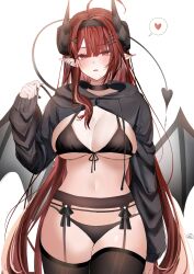 Rule 34 | 1girl, absurdres, azur lane, bikini, black bikini, black choker, black hairband, black horns, black sleeves, black thighhighs, blush, breasts, choker, cleavage, cowboy shot, demon girl, demon horns, demon tail, drawstring, earrings, garter belt, hair ornament, hairband, heart, highres, hindenburg (azur lane), hooded shrug, horns, jewelry, large breasts, long hair, long sleeves, looking at viewer, navel, pointy ears, red eyes, red hair, simple background, solo, spoken heart, straight-on, suimo (suimodayo), swimsuit, tail, thighhighs, underboob, very long hair, white background, x hair ornament