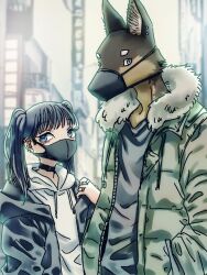 Rule 34 | 1boy, 1girl, animal ear piercing, bad id, bad pixiv id, black choker, black jacket, black mask, blue eyes, choker, coat, dog boy, drawstring, earrings, eyelashes, furry, furry with non-furry, green coat, grey eyes, grey hair, hood, hoodie, interspecies, jacket, jewelry, looking at viewer, mask, mouth mask, original, outdoors, pasikon, ring, twintails, upper body, white hoodie