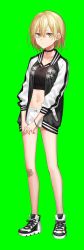 Rule 34 | 1girl, bandaid, bandaid on knee, bandaid on leg, bangle, bare legs, black choker, black footwear, black jacket, black shirt, bracelet, breasts, brown eyes, brown hair, choker, closed mouth, collarbone, commentary request, crop top, earrings, expressionless, floral print, full body, green background, hair between eyes, highres, ichiren namiro, indie virtual youtuber, jacket, jewelry, long sleeves, looking at viewer, maomi yuka, maomi yuka (channel), midriff, navel, official art, open clothes, open jacket, own hands together, shirt, shoes, short hair, short shorts, shorts, sidelocks, simple background, small breasts, sneakers, solo, standing, stomach, thighs, virtual youtuber, white shorts