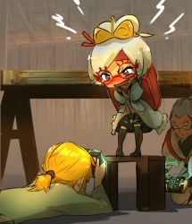 Rule 34 | 1girl, 2boys, bad id, bad twitter id, blonde hair, blush, boots, covering privates, covering crotch, embarrassed, glasses, highres, kashu (hizake), link, multiple boys, nintendo, pervert, petite, platinum blonde hair, ponytail, purah, red eyes, short hair, symin (zelda), taking picture, the legend of zelda, the legend of zelda: breath of the wild, thighhighs