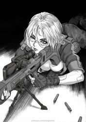 Rule 34 | 1girl, aiming, breasts, cleavage, cyberpunk (series), cyberpunk 2077, fingerless gloves, gloves, gun, highres, holding, holding weapon, large breasts, lips, magion02, mechanical arms, mechanical parts, monochrome, nail polish, one eye closed, original, rifle, shell casing, simple background, sniper rifle, solo, tripod, weapon