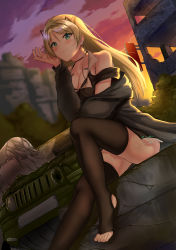 Rule 34 | 1girl, absurdres, ass, bare shoulders, black thighhighs, blonde hair, blue eyes, blush, braid, breasts, car, cleavage, closed mouth, clothing cutout, cloud, cloudy sky, coat, collarbone, earrings, elbow on knee, elbow rest, evening, girls&#039; frontline, hair ornament, hairclip, head on hand, highres, jeep wrangler, jewelry, k5 (girls&#039; frontline), knee up, light smile, long hair, looking at viewer, medium breasts, motor vehicle, off shoulder, open clothes, open coat, outdoors, scenery, shoulder cutout, sidelocks, sitting, skindentation, sky, smile, solo, teruru (pixiv 6148103), thighhighs, thighs, vehicle, wreckage