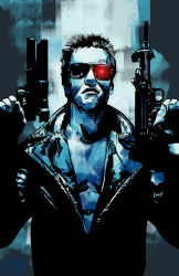 Rule 34 | 1boy, amt hardballer, amt hardballer longslide, arnold schwarzenegger, bare pectorals, black hair, black jacket, blue background, blue theme, commentary, english commentary, frown, glowing, glowing eyes, gun, handgun, holding, holding gun, holding weapon, humanoid robot, jacket, long sleeves, machine pistol, male focus, manly, n-abakumov, open clothes, open jacket, optical sight, pectorals, red eyes, robot, short hair, solo, spot color, submachine gun, sunglasses, t-800, terminator (series), uzi, weapon