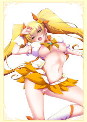 Rule 34 | 1girl, blonde hair, blush, bow, bowtie, breasts, brooch, censored, choker, cure sunshine, hair ribbon, heart, heart brooch, heartcatch precure!, highres, jewelry, long hair, looking at viewer, magical girl, medium breasts, myoudouin itsuki, navel, nipples, no panties, noyuki1204, open mouth, orange choker, orange ribbon, orange skirt, precure, puffy short sleeves, puffy sleeves, pussy, pussy juice, ribbon, saliva, short sleeves, skirt, solo, sweat, twintails, white background, white footwear, wrist cuffs, yellow eyes