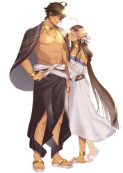 Rule 34 | 1boy, 1girl, ahoge, anklet, arm at side, bare pectorals, bare shoulders, black cloak, blunt bangs, bracelet, brown hair, cloak, closed eyes, coin (ornament), couple, dark-skinned female, dark-skinned male, dark skin, detached sleeves, dress, earrings, facing another, fate/prototype, fate/prototype: fragments of blue and silver, fate (series), flip-flops, flower, full body, hair flower, hair ornament, hand on another&#039;s chest, hand on own hip, heart, hetero, jewelry, long hair, necklace, nefertari (fate), omi (tyx77pb r2), ozymandias (fate), pectorals, profile, sandals, sash, simple background, smile, standing, topless male, very long hair, white background, white dress