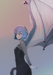Rule 34 | 1girl, absurdres, ameyame, bad id, bad pixiv id, bat wings, black dress, blood, blue hair, blush, dress, from side, gothic lolita, hairband, highres, lolita fashion, lolita hairband, looking away, red eyes, remilia scarlet, ribbon, severed arm, severed limb, short hair, solo, touhou, wing ribbon, wings