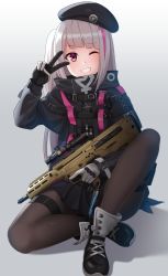 Rule 34 | 1girl, assault rifle, automatic rifle, battle rifle, beret, black pantyhose, bullpup, carbine, commentary, desert tech mdr, girls&#039; frontline, gloves, grey hair, gun, hat, highres, holding, holding gun, holding weapon, kurisu-kun, long hair, looking at viewer, md5 mismatch, mdr (girls&#039; frontline), multicolored hair, one eye closed, one side up, pantyhose, pink eyes, resolution mismatch, rifle, side ponytail, solo, source larger, streaked hair, tactical clothes, weapon