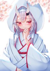 Rule 34 | 1girl, absurdres, alternate costume, blush, bride, closed mouth, commentary, embarrassed, flower, furrowed brow, hand to own mouth, highres, hololive, horns, japanese clothes, kimono, long hair, looking away, looking to the side, multicolored hair, nakiri ayame, razerman, red eyes, red hair, shiromuku, silver hair, skin-covered horns, streaked hair, tsunokakushi, two-tone hair, uchikake, upper body, virtual youtuber, white kimono, wide sleeves