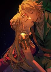 Rule 34 | 1boy, 1girl, armor, binxngchng1, black background, blonde hair, breasts, closed eyes, couple, dress, elbow gloves, fingerless gloves, gloves, green headwear, green tunic, hand in another&#039;s hair, hetero, highres, imminent kiss, link, long hair, medium breasts, nintendo, parted bangs, parted lips, pink dress, pointy ears, pointy hat, princess zelda, short hair, shoulder armor, shoulder belt, sidelocks, the legend of zelda, the legend of zelda: ocarina of time, tiara, upper body