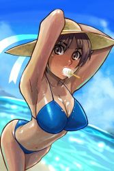 Rule 34 | 1girl, armpits, arms up, bad id, bad pixiv id, beach, bikini, blue bikini, breasts, brown eyes, cleavage, cloud, day, female focus, fisheye, food, foreshortening, hat, ice cream, large breasts, looking at viewer, mouth hold, ocean, one-piece tan, outdoors, popsicle, ryuntack, solo, swimsuit, tan, tanline, wet