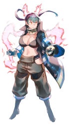 Rule 34 | 1girl, animal ears, bikini, black bikini, black hair, boots, breasts, cat ears, cat tail, cleavage, clenched hands, en&#039;en no shouboutai, fire, firefighter, gloves, highres, hip vent, hirunagi, jacket, large breasts, long hair, looking to the side, multiple tails, orange eyes, pants, serious, simple background, solo, standing, swimsuit, tail, tamaki kotatsu, twintails, white background