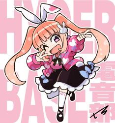 Rule 34 | 1girl, animal ears, black footwear, black ribbon, black skirt, blue bow, blush, bow, chibi, collared shirt, denonbu, full body, hair ornament, hairpin, headband, hood, hoodie, long hair, long sleeves, looking at viewer, one eye closed, open mouth, pink eyes, pink hair, pink hoodie, rabbit ears, rabbit hair ornament, rabbit tail, ribbon, sakurano mimito, shirt, shoes, skirt, smile, solo, standing, standing on one leg, t3 (t3only), tail, twintails, v over eye
