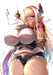 Rule 34 | 1girl, blonde hair, blush, breasts, breath, c.r., corset, covered erect nipples, cowboy shot, curvy, draph, earrings, eating, food, granblue fantasy, groin, highres, horn ornament, horns, huge breasts, impossible clothes, impossible sweater, jacket, jewelry, kumbhira (granblue fantasy), long hair, looking at viewer, micro shorts, off shoulder, one eye closed, open fly, orange eyes, plump, red scarf, ribbed sweater, scarf, shorts, signature, simple background, sleeveless, sleeveless sweater, smile, solo, sweater, taiyaki, taut clothes, thick thighs, thighs, torn clothes, torn shorts, very long hair, wagashi, white background
