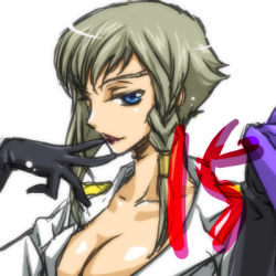 Rule 34 | 00s, 1girl, blue eyes, braid, breasts, cleavage, code geass, code geass: lost colors, eikichi (hp001), finger to mouth, gloves, knights of the round, large breasts, lips, lowres, nonette enneagram, open clothes, open shirt, seductive smile, shirt, short hair, side braid, silver hair, single braid, smile, solo