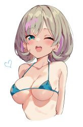 Rule 34 | 1girl, ;d, bikini, blue bikini, blue eyes, blush, breasts, brown hair, collarbone, commentary request, heart, highres, looking at viewer, love live!, love live! superstar!!, medium breasts, micro bikini, multicolored hair, one eye closed, open mouth, pink hair, short hair, simple background, smile, solo, swimsuit, tang keke, teeth, two-tone hair, unacchi (nyusankin), upper body, upper teeth only, white background