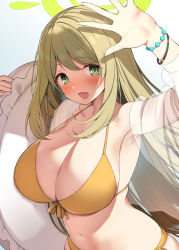 Rule 34 | 1girl, absurdres, armband, b-ginga, bangle, bare shoulders, bikini, blonde hair, blue archive, blush, bracelet, breasts, cleavage, collarbone, green eyes, halo, highres, innertube, jewelry, large breasts, long hair, looking at viewer, nonomi (blue archive), nonomi (swimsuit) (blue archive), open mouth, see-through, smile, solo, swim ring, swimsuit, yellow bikini