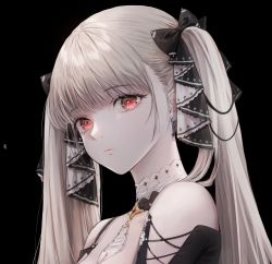 Rule 34 | azur lane, bad id, bad twitter id, bare shoulders, black background, black dress, black ribbon, close-up, closed mouth, collar, commentary request, detached collar, dress, earrings, expressionless, formidable (azur lane), frills, goth fashion, gothic lolita, hair ornament, hair ribbon, head tilt, highres, jewelry, lolita fashion, long hair, looking at viewer, pale skin, platinum blonde hair, red eyes, ribbon, simple background, solo, tagme, take heart7, twintails, very long hair