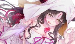 Rule 34 | 1girl, bare shoulders, black hair, breasts, chest tattoo, cleavage, collarbone, dress, facial mark, fate/extra, fate/extra ccc, fate (series), forehead mark, horns, large breasts, long hair, long sleeves, looking at viewer, parted bangs, sessyoin kiara, sideboob, smile, solo, tattoo, tongue, tongue out, torichamaru, veil, very long hair, wavy hair, white dress, wide sleeves, yellow eyes