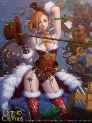 Rule 34 | 1girl, arm ribbon, arm up, bare shoulders, belt, box, breasts, brown eyes, brown gloves, brown hair, cane, cglange, christmas, cleavage, contrapposto, copyright name, dated, fur trim, garter straps, gift, gift box, gloves, green eyes, hat, highres, legend of the cryptids, lips, looking at viewer, merry christmas, nose, original, realistic, red thighhighs, ribbon, showgirl skirt, snowflake print, solo, staff, standing, thighhighs, top hat, watermark