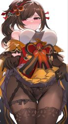 Rule 34 | 1girl, bare shoulders, black gloves, black hair, black panties, black pantyhose, blush, brown hair, chiori (genshin impact), commentary request, frilled kimono, frills, from below, gaiters, genshin impact, gloves, hair ornament, highres, japanese clothes, kimono, lace, lace-trimmed legwear, lace-trimmed panties, lace trim, looking at viewer, multicolored hair, off shoulder, panties, pantyhose, red eyes, shiben (ugvu5784), shirt, side ponytail, simple background, skirt hold, solo, streaked hair, thighhigh gaiters, thighhighs, thighhighs over pantyhose, thighs, underwear, white background, white shirt, yellow kimono