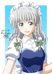 Rule 34 | 1girl, :d, arm up, blue background, blue eyes, blue vest, braid, commentary request, dated, hair ribbon, highres, izayoi sakuya, light blush, looking at viewer, maid headdress, medium hair, open mouth, partial commentary, puffy short sleeves, puffy sleeves, ribbon, shino-puchihebi, shirt, short sleeves, signature, silver hair, smile, solo, standing, teeth, touhou, tress ribbon, twin braids, twitter username, unconnected marketeers, upper body, upper teeth only, vest, white shirt