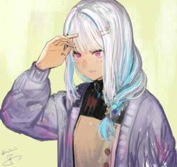 Rule 34 | 1girl, arm up, blue hair, blush, hair ornament, hairclip, highres, isshiki (ffmania7), jacket, jewelry, lize helesta, lize helesta (5th costume), multicolored hair, necklace, nijisanji, purple eyes, purple jacket, signature, simple background, solo, streaked hair, virtual youtuber, white hair