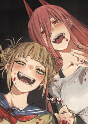 Rule 34 | 2girls, :d, artist name, blonde hair, blood, blood on face, blush, boku no hero academia, breasts, chainsaw man, crossover, fangs, hair between eyes, horns, kadeart, long hair, looking at viewer, messy hair, multiple girls, open mouth, power (chainsaw man), red eyes, sailor collar, sharp teeth, smile, teeth, toga himiko, trait connection