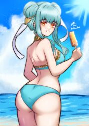 Rule 34 | 1girl, alternate costume, alternate hairstyle, ass, back, bikini, blue bikini, blue hair, breasts, commentary, double bun, english commentary, fire emblem, fire emblem: the blazing blade, fire emblem heroes, food, hair bun, highres, ice cream, looking at viewer, ninian (fire emblem), nintendo, red eyes, rotomdocs, small breasts, smile, swimsuit