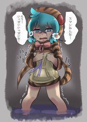 Rule 34 | 10s, 1girl, blue eyes, blue hair, bow, bowtie, brown hoodie, crying, diz (diznaoto), embarrassed, female focus, half-closed eyes, hands up, have to pee, highres, hood, hoodie, japanese text, kemono friends, long sleeves, matching hair/eyes, open mouth, oversized clothes, partially submerged, ribbon, short hair, solo, speech bubble, standing, striped, sweat, tail, talking, tears, translation request, trembling, tsuchinoko (kemono friends), wading, walking