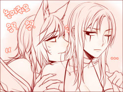 Rule 34 | 2girls, ahri (league of legends), animal ears, breasts, cleavage, leblanc (league of legends), fox ears, hooreng, korean text, league of legends, looking back, monochrome, mouth hold, multiple girls, translation request