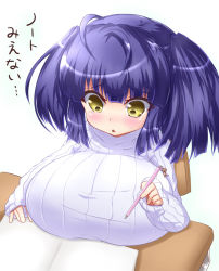 Rule 34 | 1girl, ahoge, bad id, bad pixiv id, blue hair, blunt bangs, blush, breasts, chestnut mouth, embarrassed, female focus, huge breasts, original, poko chin, simple background, solo, sugita (poko chin), sweater, tears, translated, white background, yellow eyes