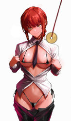 Rule 34 | 1girl, areola slip, bikini, black bikini, black pants, braid, braided ponytail, breasts, chainsaw man, cleavage, clothes pull, coin, coin on string, collar, collared shirt, commentary, dress shirt, female pubic hair, highres, holed coin, large breasts, long hair, long sleeves, looking at viewer, makima (chainsaw man), micro bikini, navel, necktie, open clothes, open shirt, pants, pants pull, pendulum, pubic hair, pubic hair peek, red hair, ringed eyes, shirt, smile, solo, swimsuit, thighs, ulrich (tagaragakuin), white shirt, yellow eyes
