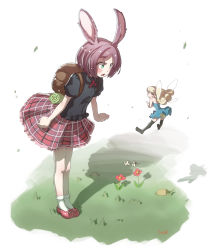 Rule 34 | 2girls, :/, animal ears, backpack, bag, black legwear, black shirt, blonde hair, blue dress, blush, brown hair, bug, rabbit ears, butterfly, clenched hands, crossed arms, dress, closed eyes, fairy, fairy wings, flower, frown, grass, green eyes, highres, bug, kagawa yuusaku, leaf, leaning forward, long hair, looking at another, multiple girls, open mouth, original, plaid, plaid skirt, pleated skirt, red footwear, rock, shirt, shoes, shorts, skirt, sleeveless, sleeveless dress, socks, standing, thighhighs, white background, white legwear, wings, yellow shorts
