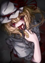 Rule 34 | 1girl, blonde hair, blood, blood from mouth, blush, crying, crying with eyes open, dark, eyelashes, flandre scarlet, from above, guro, hand up, hat, highres, looking at viewer, medium hair, mizuhichi, mob cap, open mouth, red eyes, smile, solo, tears, teeth, touhou, white hat, wings