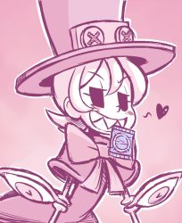 Rule 34 | 1girl, artist request, blush, bow, condom, condom in mouth, eye socket, gradient background, hat, heart, looking at viewer, mechanical arms, mouth hold, peacock (skullgirls), pink background, sharp teeth, short hair, skullgirls, smile, solo, teeth, top hat