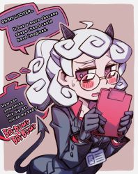 Rule 34 | 1girl, black gloves, black horns, black jacket, black tail, blush, breasts, business suit, clipboard, collared shirt, curly hair, demon girl, demon horns, demon tail, english text, formal, glasses, gloves, helltaker, holding, holding clipboard, horns, jacket, kemuribata, long sleeves, looking away, looking to the side, medium breasts, medium hair, open mouth, pandemonica (helltaker), ponytail, red eyes, red shirt, shirt, short hair, simple background, small breasts, speech bubble, suit, tail, upper body, white hair