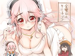 Rule 34 | 1girl, 2girls, apron, arato asato, black hair, blush, breasts, chibi, chibi inset, cleavage, embarrassed, closed eyes, flying sweatdrops, fujimi suzu, hat, headphones, large breasts, long hair, looking at viewer, multiple girls, naked apron, nitroplus, open mouth, pink eyes, pink hair, smile, super sonico, translated, wavy mouth