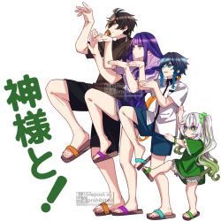 Rule 34 | 2boys, 2girls, :d, alternate costume, black hair, black shorts, bloomers, blunt bangs, bracelet, braid, casual, commentary request, contemporary, earrings, eyeshadow, family, flip-flops, from side, genshin impact, gradient hair, green eyes, hair between eyes, hair ornament, height difference, jewelry, long hair, looking away, low ponytail, makeup, multicolored hair, multiple boys, multiple girls, nahida (genshin impact), open mouth, parody, pointy ears, purple eyes, purple hair, raiden shogun, sandals, short shorts, short sleeves, shorts, side ponytail, sidelocks, simple background, single braid, single earring, size difference, smile, standing, standing on one leg, symbol-shaped pupils, takamatsu (yamajiai), translation request, twin braids, underwear, venti (genshin impact), watermark, white background, white hair, yellow eyes, yotsubato!, yotsubato! pose, zhongli (genshin impact)