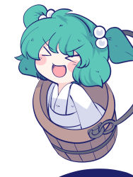 Rule 34 | &gt; &lt;, 1girl, blush stickers, bucket, chahan (fried rice0614), green hair, hair bobbles, hair ornament, highres, in bucket, in container, japanese clothes, kimono, kisume, long sleeves, one-hour drawing challenge, open mouth, short hair, simple background, smile, solo, touhou, two side up, white background, white kimono, wide sleeves