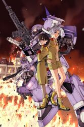 Rule 34 | 2girls, dom gnomides, efreet jaeger, fire, glasses, gundam, gundam battle operation code fairy, helena hegel, highres, mecha, mia brinkman, military uniform, multiple girls, official art, robot, takagi shuei