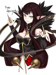 Rule 34 | 1girl, bare shoulders, black dress, breasts, brown hair, copyright name, cropped torso, dress, fate/apocrypha, fate (series), hands up, highres, long hair, looking at viewer, medium breasts, pointy ears, semiramis (fate), simple background, slit pupils, smile, solo, spikes, tetsu (kimuchi), upper body, white background, yellow eyes