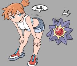 1girl ass asymmetrical_hair bare_arms bare_shoulders bent_over blue_eyes blue_shorts blush breasts closed_mouth creatures_(company) crop_top denim denim_shorts full_body game_freak gen_1_pokemon grey_background gym_leader hands_on_own_knees leaning_forward legs looking_at_viewer medium_breasts midriff misty_(pokemon) nintendo nutkingcall orange_hair pokemon pokemon_(anime) pokemon_(classic_anime) pokemon_lgpe pokemon_rgby ponytail red_footwear shirt shoes short_hair short_shorts shorts side_ponytail simple_background sleeveless sleeveless_shirt sneakers solo speech_bubble standing starmie tank_top thighs white_shirt