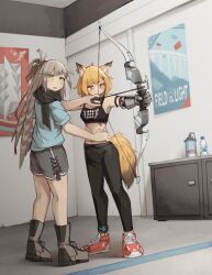 Rule 34 | 2girls, abs, absurdres, alternate costume, animal ears, arknights, arrow (projectile), bird girl, boots, bottle, bow (weapon), brown footwear, english text, fartooth (arknights), feather hair, fox ears, fox girl, fox tail, highres, infection monitor (arknights), material growth, multiple girls, oripathy lesion (arknights), poster (object), red footwear, shoes, shorts, sneakers, tail, teaching, togekk0, vermeil (arknights), water bottle, weapon