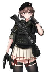 Rule 34 | 1girl, absurdres, arm up, assault rifle, beret, black gloves, black hat, black thighhighs, blush, body armor, brown eyes, brown hair, bullpup, camouflage, camouflage shirt, closed mouth, croatian flag, earrings, feet out of frame, gloves, gun, handgun, hat, highres, holding, holding gun, holding weapon, holster, hoop earrings, hs2000, jewelry, looking at viewer, military, original, rifle, rynn (rynn cube), shirt, short hair, skirt, sleeves rolled up, solo, springfield xd, standing, tactical clothes, thigh holster, thighhighs, thighs, vhs-d2, walkie-talkie, watch, weapon, white background, white skirt