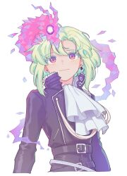 Rule 34 | 1boy, androgynous, ascot, belt, black belt, black jacket, earrings, fire, green hair, highres, jacket, jewelry, kome 1022, leather, leather jacket, light smile, lio fotia, looking at animal, male focus, multiple belts, promare, purple eyes, pyrokinesis, short hair, simple background, solo, studded belt, white ascot, white background